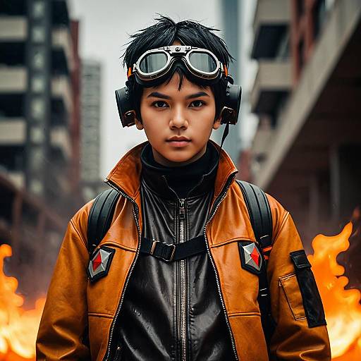Fire Force Cosplay Young Boy in Brown Leather Jacket