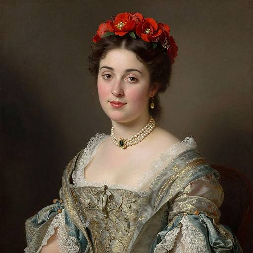 Photorealistic portrait of a young woman with fair skin, dark hair adorned with red roses, wearing an elaborate 18th-century gown and pearl necklace