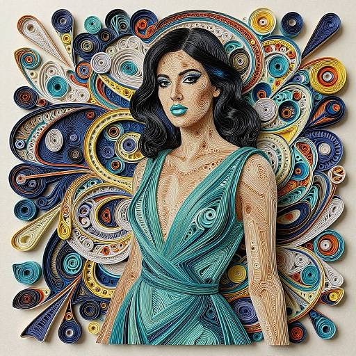 Digital art of a black-haired woman in a teal dress, surrounded by vibrant, intricate, abstract patterns in blue, orange, and white.