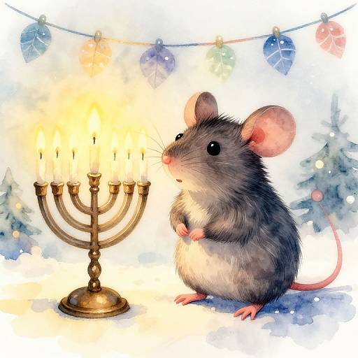 Illustration of a gray mouse with pink ears and tail, sitting beside a lit menorah, surrounded by festive, colorful Christmas lights.