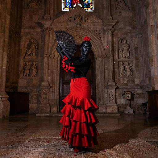 Photograph of a black-painted woman in a red ruffled skirt and red floral arm bands, holding a black fan, standing in a dimly