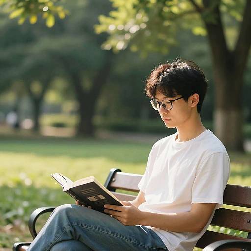 Young Asian Man Reading in Park