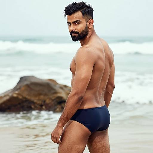 Photograph of a muscular, bearded man with dark hair, wearing black swim briefs, standing on a beach with ocean waves and rocks in the