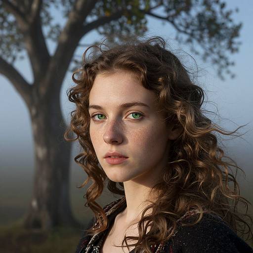 Photograph of a fair-skinned, green-eyed young woman with curly brown hair, standing outdoors against a blurred tree and misty background.