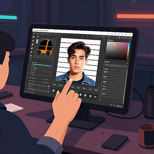 Digital illustration of a person editing a photograph of a young man with dark hair on a computer monitor, using a stylus. Neon blue and red lights