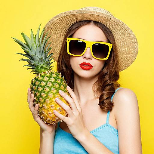 Photograph of a woman with red lipstick, yellow sunglasses, straw hat, blue tank top, holding a pineapple against bright yellow background.