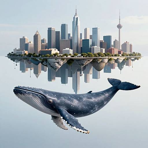 Photorealistic digital artwork of a floating city skyline with skyscrapers above a detailed, starry blue whale in clear water.