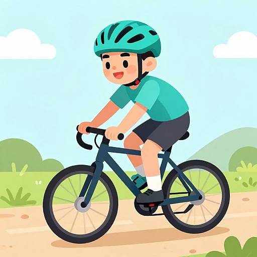 Cartoon illustration of a smiling boy in a teal helmet and shirt riding a black bicycle on a sunny, grassy path.