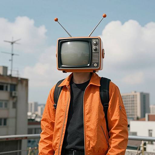 Photograph of a person with a vintage TV for a head, orange jacket, black shirt, backpack, and antenna, standing on a rooftop with urban