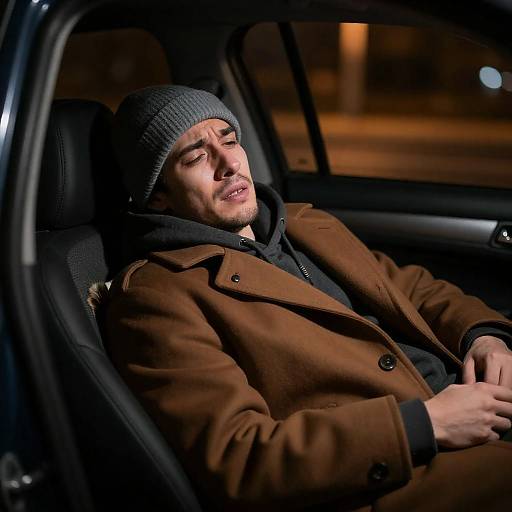 Distressed Man in Dimly Lit Car