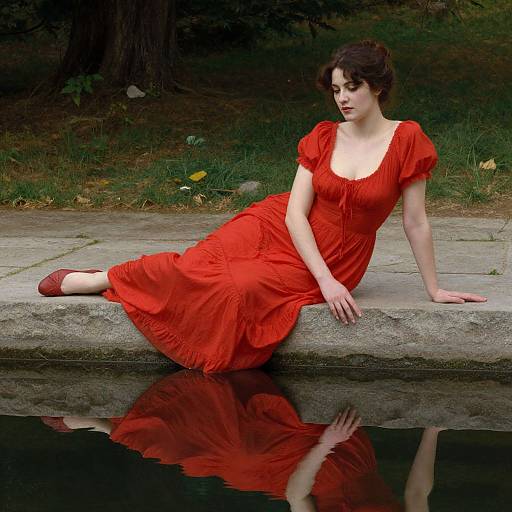 Photograph of a pale-skinned woman with dark hair in a red, ruffled dress and red shoes, sitting by a reflective pond in a wooded