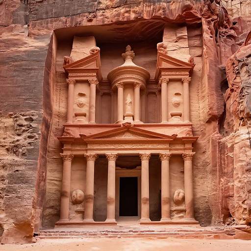 Photograph of a ancient, red-hued, Greco-Roman style temple carved into a rock face, featuring three columns, a central dome,