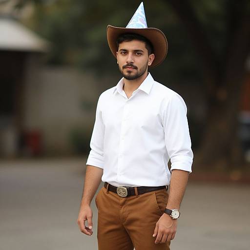 Photograph of a bearded man with medium skin tone, wearing a white shirt, brown pants, black belt, brown hat, and wristwatch,
