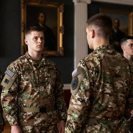 Three Soldiers in Formal Room Setting