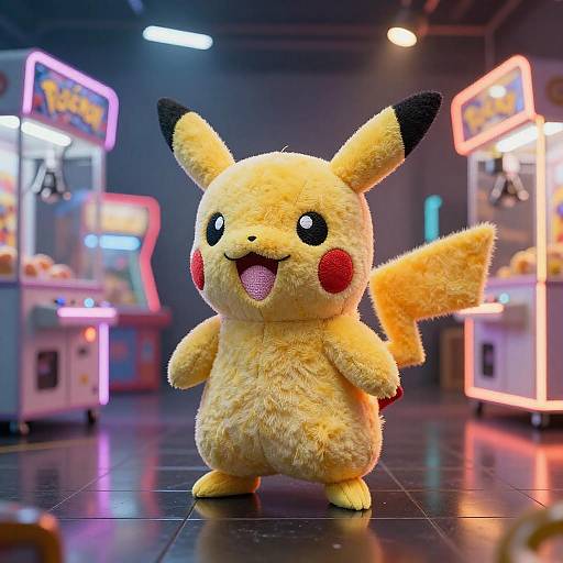 Pikachu Plush in Neon Arcade Setting