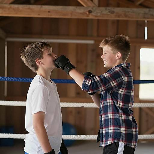 Playful Barn Boxing Match Between Friends