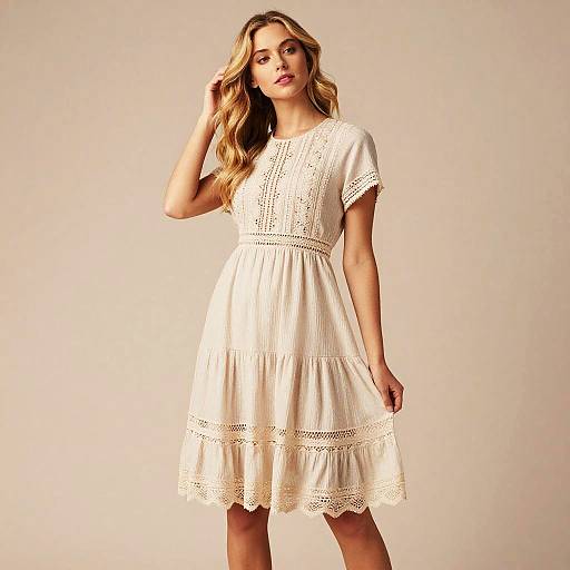 Blonde Woman in Beige Tiered Dress