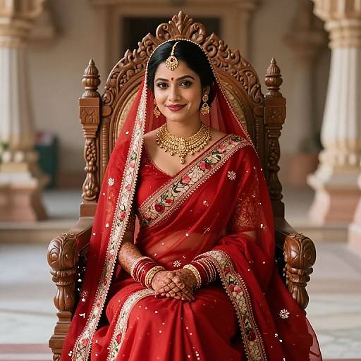 Photograph of a smiling Indian bride in a red traditional saree with gold embroidery, wearing jewelry, seated on an ornate wooden throne in a luxurious