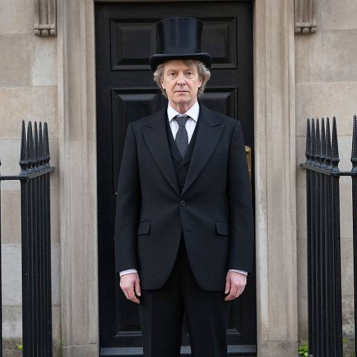 Photograph of an older white man in a black suit, white shirt, black tie, and top hat, standing in front of a black door with