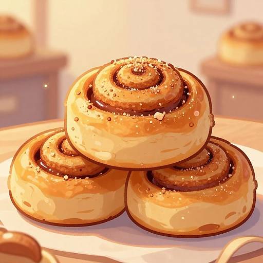 Digital illustration of three golden-brown, spiral-shaped pastries with sparkling sugar on a white plate, set in a warmly lit bakery.