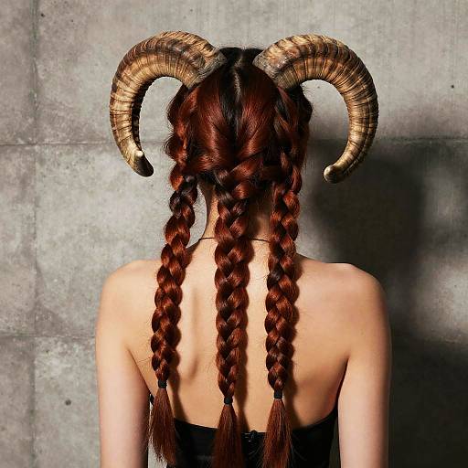 Photograph of a woman with braided auburn hair and large, curved brown ram horns, seen from behind against a gray concrete wall.