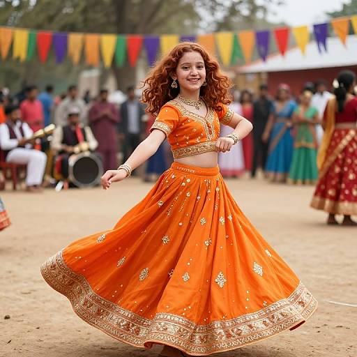 Photograph of a smiling, curly-red-haired woman in an orange, gold-embroidered traditional Indian dance outfit, spinning in an outdoor festival with