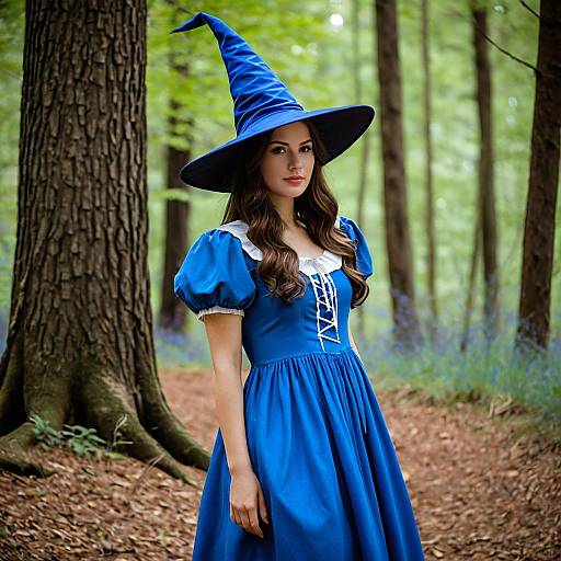 Woman in Blue Witch Costume in Forest