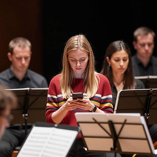 Woman in Red Sweater Using Phone on Music Stage
