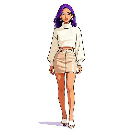 Digital illustration of a confident woman with purple hair, wearing a white turtleneck, beige high-waisted skirt, and white heels, standing against