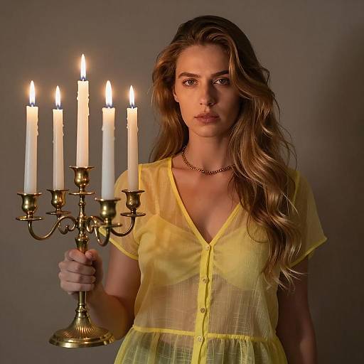Serious Woman with Candelabrum in Shadows