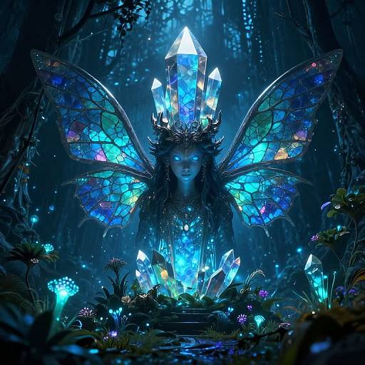 Digital fantasy artwork of a glowing blue fairy with iridescent wings, crystal crown, and ethereal forest background, surrounded by bioluminescent mushrooms
