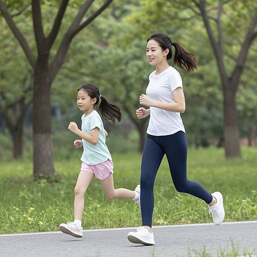 Photograph of an Asian woman and young girl jogging in a green park, both wearing white tops and black pants, with trees and grass in the background