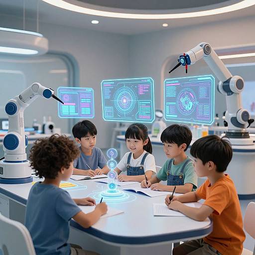 Photograph of five Asian boys in a futuristic lab, using high-tech microscopes with glowing holographic screens, focused on science projects.