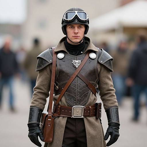 Photograph of a serious young man in steampunk attire, wearing a leather helmet with goggles, brown coat, black chest armor, and brown belt