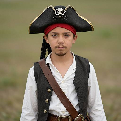Photograph of a young boy with medium brown skin, black hair in a braid, wearing a tricorn hat, white shirt, black vest,