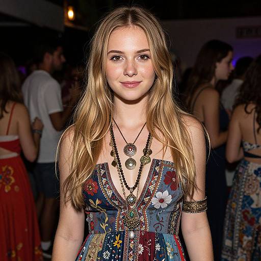 Photograph of a young blonde woman with long hair, wearing a colorful, floral-patterned dress, layered necklaces, and a banded arm,