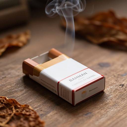 Photograph of a lit Dharma cigarette with smoke curling upward, on a rustic wooden surface with scattered brown tobacco leaves.