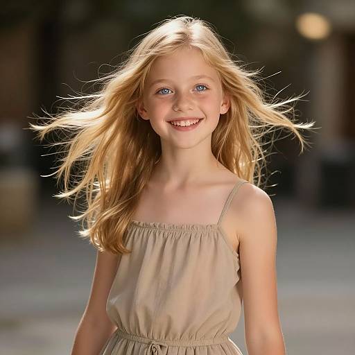 Photograph of a smiling, blonde, blue-eyed young girl with flowing hair, wearing a beige, sleeveless, sundress, standing outdoors in sunlight