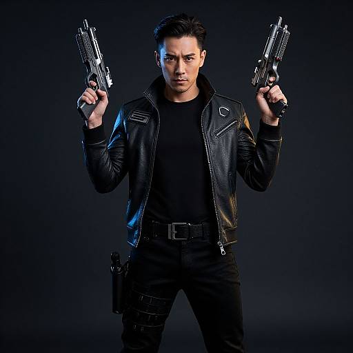 Photograph of a serious Asian man in a black leather jacket and pants, holding two handguns, one in each hand, against a dark blue background.