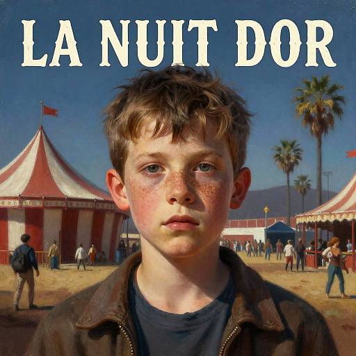 Photograph of a freckled, young boy with short brown hair in a brown jacket, standing in front of a circus with red-and-white tents