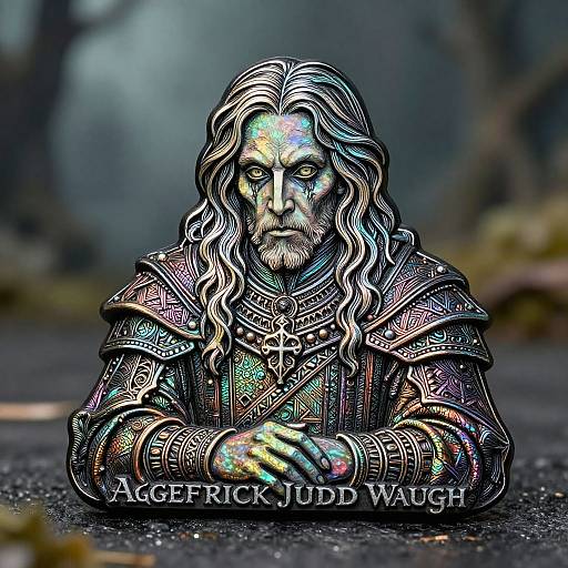 Digital art of a metallic, armored, long-haired man with glowing rainbow accents, leaning forward, in a misty forest. Text reads 