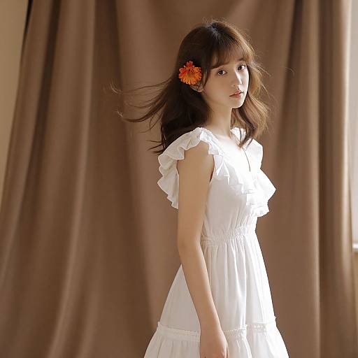 Elegant Girl in Soft Brown Curtain