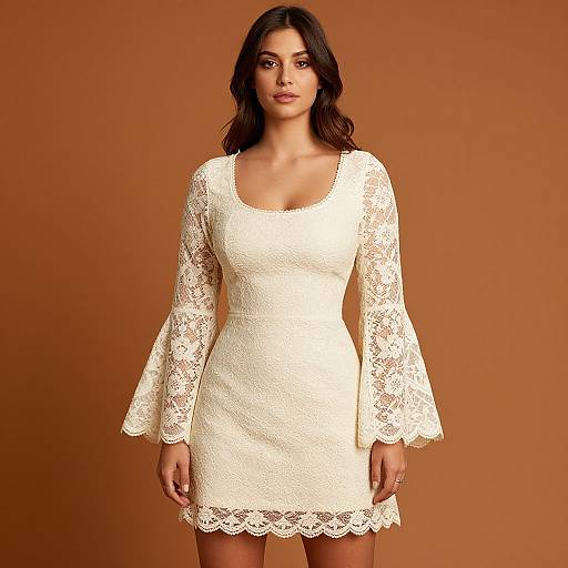 Photograph of a woman with dark hair wearing a white lace long-sleeve mini dress against a solid orange background.
