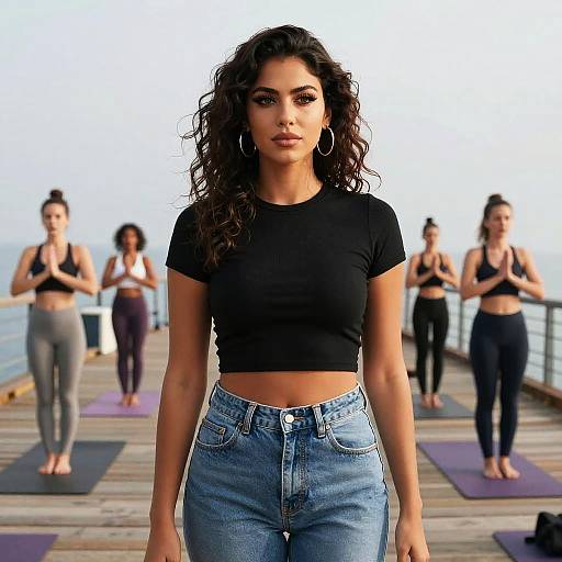 Photograph of a curly-haired woman with tan skin, wearing a black crop top and high-waisted jeans, leading a yoga class on a wooden