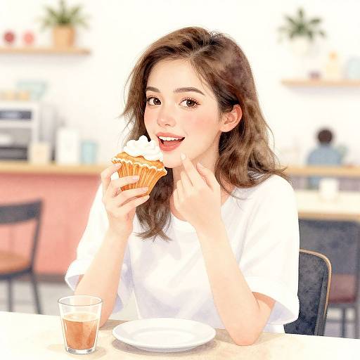 Photograph of a smiling young woman with wavy brown hair, wearing a white shirt, eating a cupcake at a café. Glass of iced
