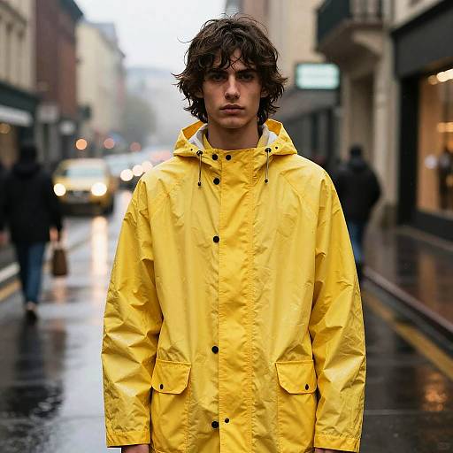 Photograph of a young man with curly brown hair, wearing a bright yellow raincoat, standing on a wet, urban street with blurred background. Over