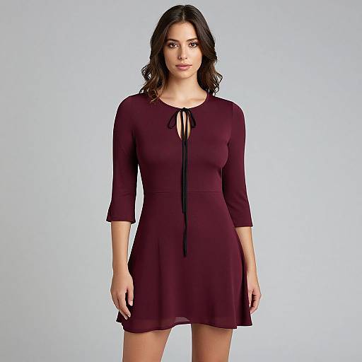 Photograph of a young woman with wavy black hair, wearing a fitted, deep burgundy, three-quarter sleeve dress with a black tie-down detail