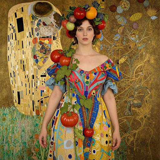 Photograph-style digital art of a fair-skinned woman with dark curly hair, wearing a colorful, fruit-adorned dress, standing in front of