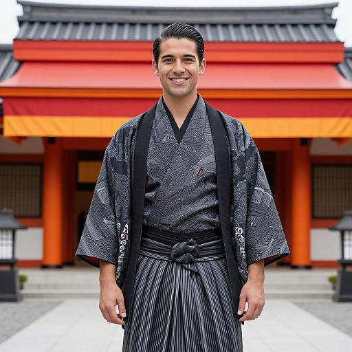 Photograph of a smiling young Asian man in traditional black and gray patterned kimono, standing in front of an orange-roofed Japanese temple.