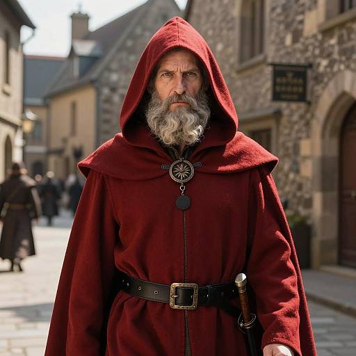 Elderly Red Wizard in Medieval Town